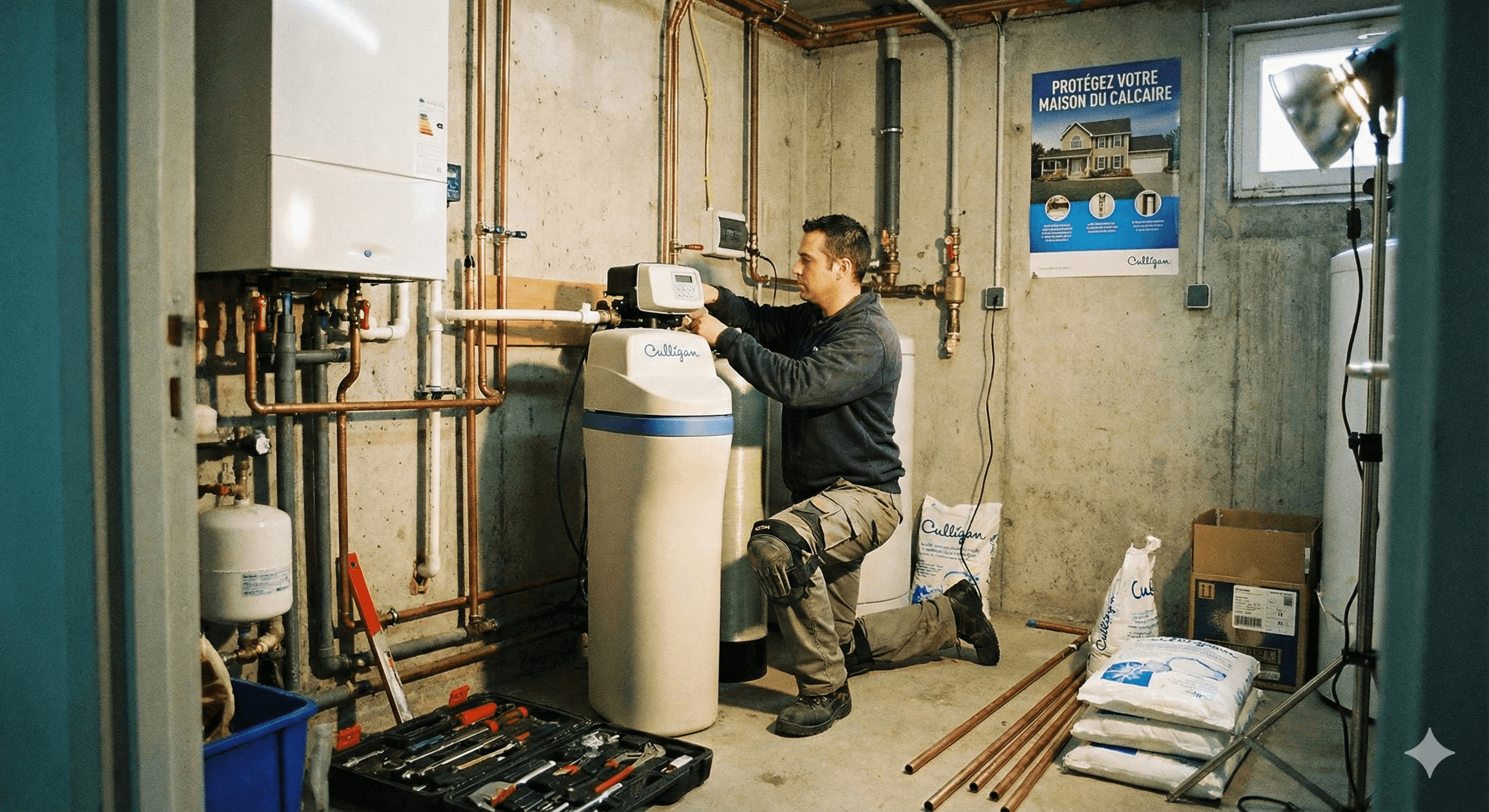 Technicien installant un adoucisseur d'eau en Haute-Savoie